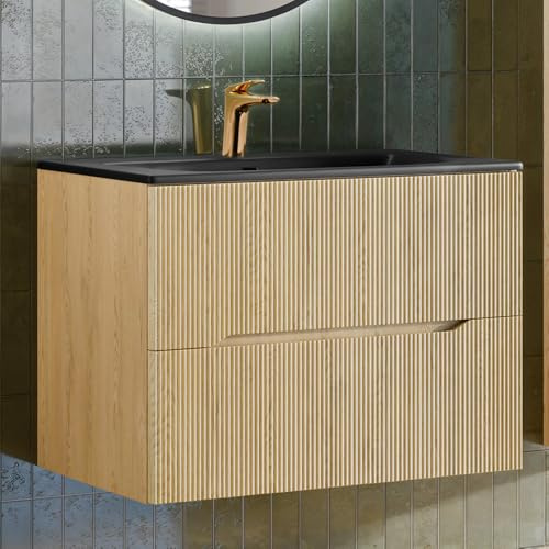 Lomadox Badezimmer Waschtisch mit Keramikwaschbecken, 80 cm breit in Eiche, 2 Softclose-Schubladen mit Rillenoptik, grifflos modern