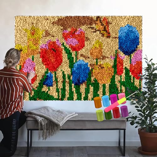 Kit de Tapis de Crochet à Point Noué Coussin au Crochets à Loquet Bricolage, Kit Crochet de Verrouillage, Kit de Fabrication Tapis au Point Croix de Tapis, Tapis à Nouer Soi-Même 38 x 52 cm