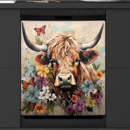 Couvercle magnétique vintage pour lave-vaisselle, motif vache et fleur de vache, autocollant décoratif pour réfrigérateur, armoire de machine à laver, feuille magnétique pour appareils de cuisine, 66