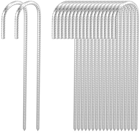 SOUJAP 20 PCS 16 Inch Ground Rebar Stakes, 40cm Heavy Duty J Hook Anchors, Metal Tent Trampoline Pegs for Football Camping Awning, Silver