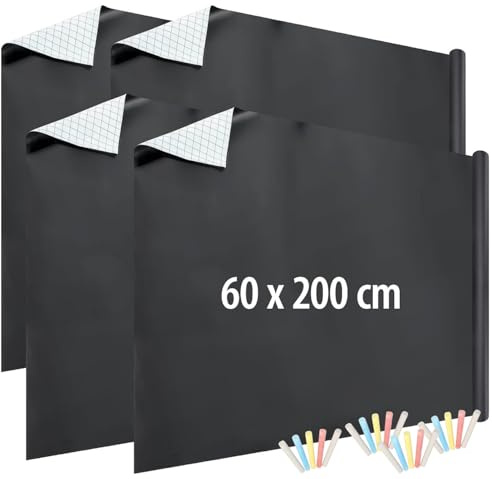 infactory Wandtafelfolien: 4er-Set Tafelfolien, selbstklebend & abwischbar,60 x 200cm, mit Kreide (Tafelfolie für Glasflächen, Blackboards, Etiketten)