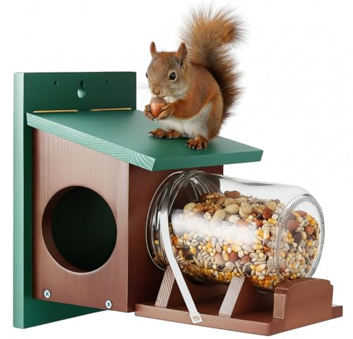 LemonRoad Wooden Squirrel Feeder, Wood Squirrel House for Outside Garden Tree, Chipmunk Feeder for Corn with Removable Storage Bottle, Green & Brown