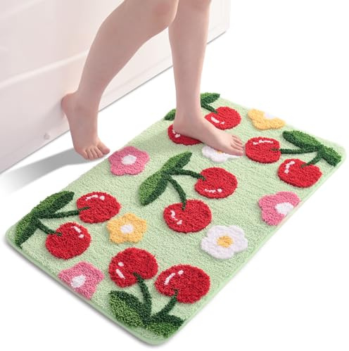 QJHOMO Grün Badezimmerteppich Kirsche Badematte rutschfest Waschbar Badteppich Bunt Badvorleger Weiche Mikrofaser Duschvorleger Absorbierende Badezimmer Teppich 50 x 80 cm