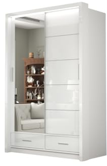DELUXEWARE Modern 2 & 3 High Gloss Sliding Door Wardrobe with Mirror & Led Light – MDF Bedroom Wardrobe with Drawers, Hanging Rail, & Shelves for Bedroom Furniture (White, 150cm)