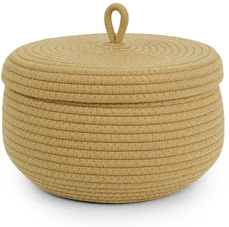Korb mit Deckel - Aufbewahrungskorb mit Deckel, 23 x 17 cm Baumwollseil Körbchen Geflochten, Aufbewahrung Wäschekorb Klein, Storage Basket für Pflanzen Snacks Handtücher Garn Spielzeugkorb (Khaki)