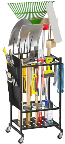 SUFAUY Garden Tool Organizer, Rolling Heavy-Duty Garage Tool Stand, Yard Storage Rack with Casters and Hooks, Black