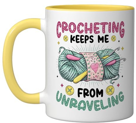 Crocheting Keeps Me From Unraveling Knitting Crochet Ceramic Mug, Yellow/White