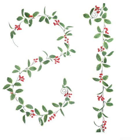 UrbanHui Guirnalda artificial de bayas de acebo, 2 unidades, 240 cm, follaje de plástico, flexible, resistente, hojas realistas, bayas para árbol de Navidad, mantel, escalera, marco de puerta