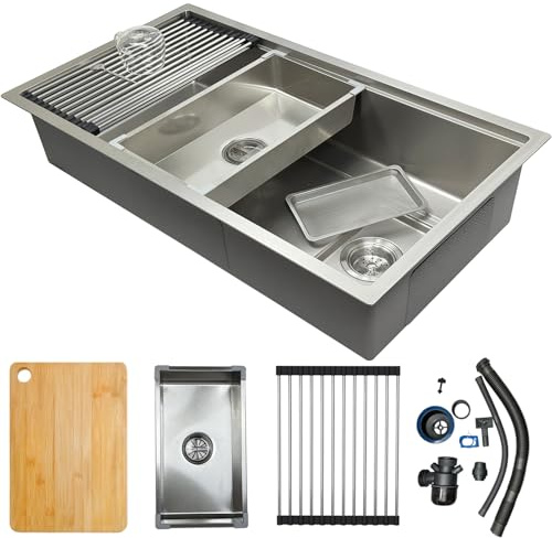 Fregadero de cocina rectangular de 90 x 50 cm, acero inoxidable 304, 1 fregadero empotrable, con fregadero interior de repuesto y tabla de cortar, moderno fregadero de acero inoxidable con escurridor