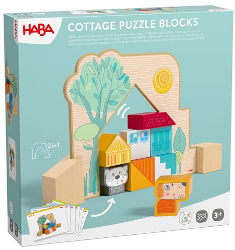 HABA Jeu d'Empilage et de Pose Bauspaß – Blocs de Construction 3D en Bois pour Enfants à partir de 3 Ans – Jeu Créatif avec 20 Blocs & Cartes – 2012382001