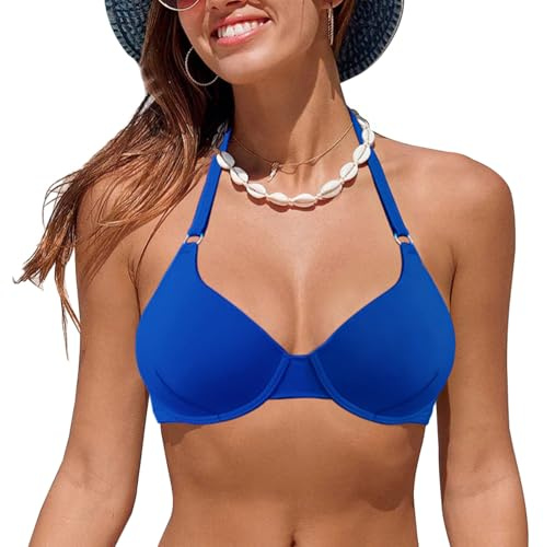 Rayson Top Bikini da Donna Push up Reggiseni Bikini a Triangolare Classico con Scollo a V Allacciatura al Collo（Blu Navy,M