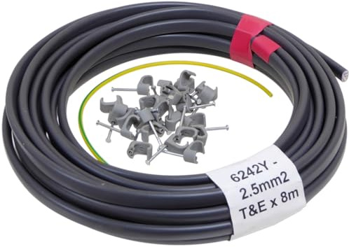 8m x Twin and Earth 2.5mm Cable with Clips and Earth Sleeving for Sockets, Ring Mains Outlets - Flat T&E 6242Y BASEC