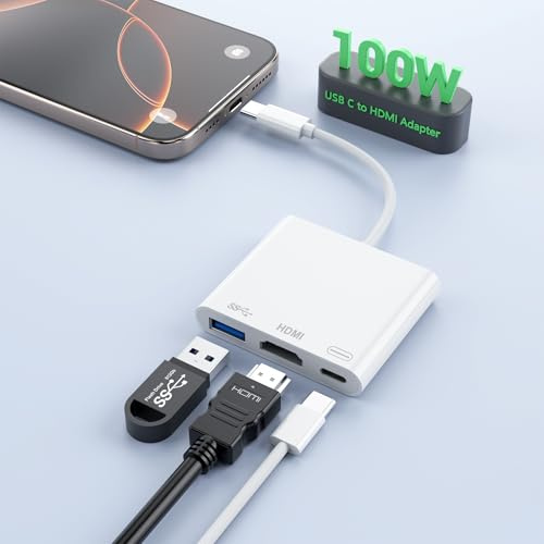 Phone to HDMI Adapter para Phone 17/16/15 a TV – 4K@60Hz Type C to HDMI Adapter con 100W PD, USB A 3.0, HDMI to USBC Multiport Digital AV Converter para MacBook Neo/Pro/Air, iPad, Galaxy, Switch