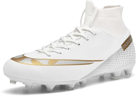 Chaussures de football à crampons pour homme - Chaussures de football à lacets antidérapantes - Cheville - Pour intérieur et extérieur - Pour jeunes enfants et grands garçons, Clous longs blancs, 41 1