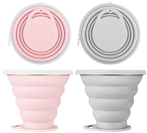 JackWish 2 pcs Taza de Viaje de Silicona Plegable,Taza de Café Ultra-Delgado Portátil Reutilizable,270 ml sin BPA Adecuado para Camping Caminatas Picnic (Rosa+Gris)