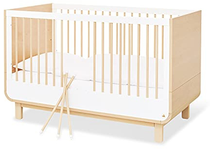 Pinolino Kinderbett Round, mit Lattenrost und Umbauseiten, für 70 x 140 cm Matratzen, für Babys und Kleinkinder, aus Dekor: Ahorn und Uni, weiß