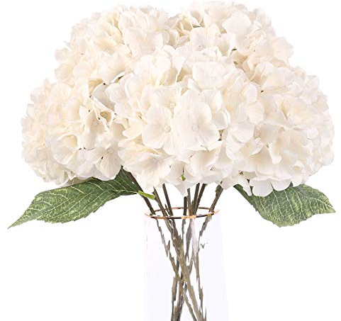 Jim's Cabin Fiori artificiali di ortensia in seta con 5 grandi teste finte bouquet di fiori finti per la decorazione della casa, festa di nozze fai da te (bianco)