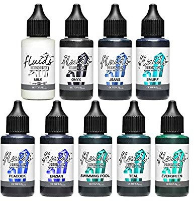 Octopus Fluids Resin Ink Set BLUE, alkoholbläck för epoxiharts och UV-harts, hartsfärg, 9 x 30 ml