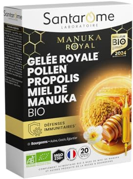 SANTAROME Gelée Royale, Pollen, Propolis & Miel de Manuka Bio - 20 Ampoules | Produits de la Ruche bio : Gelée Royale, Pollen, Propolis, Miel de Manuka MGO230+ - 3 bourgeons - Booste l'immunité - France