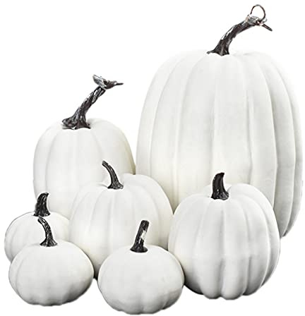 Benoon Künstliche Ernte-Kürbisse, Dekorationsset, Kürbis-Herbsternte, bunte Polystyrol-Styropor-Statue, Display für Zuhause, Garten, Halloween-Dekoration, Weiß, 7 Stück