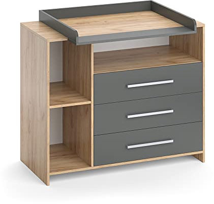 Vicco Wickelkommode Oskar, Wickelaufsatz für die Kommode, Goldkraft Eiche/Anthrazit, 113 x 100 cm