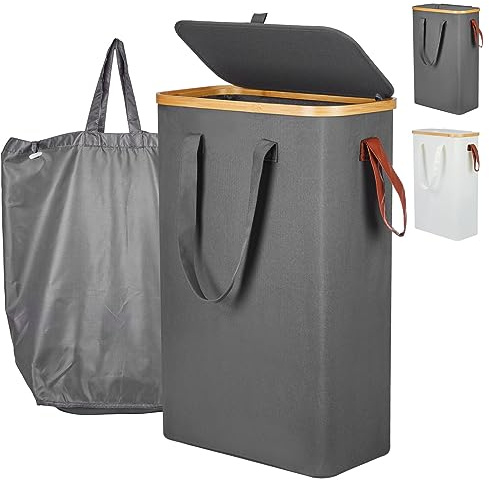 Yamagahome 52L Schmaler Wäschekorb mit Deckel, Slim Wäschesammler mit Wäschesack und 5 Gummifüße, Faltbarer Wäschetruhe aus Bambus und Wasserdichter Stoff für Apartment, Wohnheim und Wohnwagen