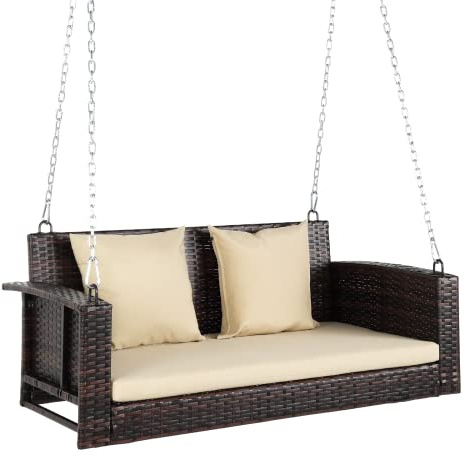 VINGLI Heavy Duty 800 LBS Wicker Hanging Porch Swing with Cushions & Chains, 4FT Outdoor Rattan Swing Bench for Garden, Yard, Lawn (Brown+Beige)