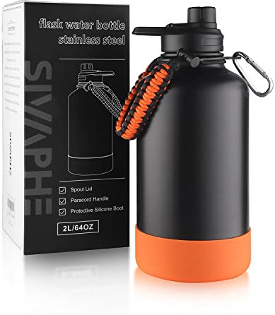 Sivaphe Stainless Steel Water Bottle 2 Litre, Vacuum Insulated Flask with Protective Sleeve, 64oz Large Bottles with Spout Lid for Outdoor, Sports(Black)