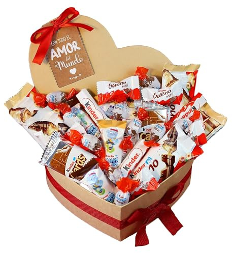 Onza Corazón San Valentín de Chocolates Kinder Bueno para regalar - Caja Chocolates originales con Kinder Bueno Mini, Schokobons, Happy Hippo, Kinder Bueno White - San valentin regalos mujer