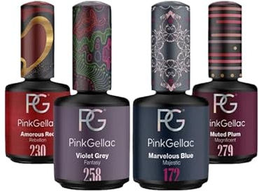 Pink Gellac UV Nagelgel Set - 4 x 15ml in den Farben Rot, Grau, Blau & Pflaume – UV-Gel-Set für Gelnägel - Langlebiger UV-adhäsiver Shellac-Nagellack - Shellac-Gel Hergestellt in den Niederlanden