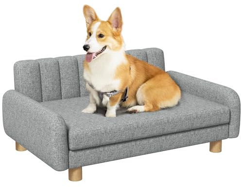 PawHut Hundesofa Haustiersofa Hundecouch Hundebett mit weichem Kissen, Erhöhter Hundesessel für mittelgroße Hunde, Leinenimitat, Grau, 94 x 61 x 40 cm