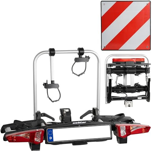 Uebler Fahrradträger i21 Z 90° für 2 Fahrräder Auto Kupplungsträger klappbar E-Bike MTB inklusive reflektierende Warntafel 50x50cm + 4 Spanngummis