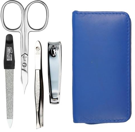 Hans Kniebes Maniküre Set 4-teilig Kobaltblau – Reise Nagelpflege Set für Damen & Herren – Profi Edelstahl Nagelschere, Nagelknipser, Feile & Pinzette – Echtes Nappa Leder Etui – Pediküre Set
