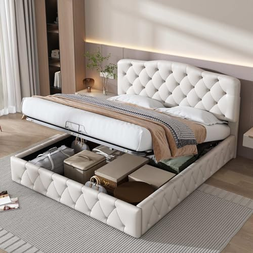 KOMHTOM Hydraulisches Funktionsbett mit Stauraum unter dem Bett, 140 x 200 cm, gepolstert, mit verstellbarem Kopfteil, Bettgestell, für Erwachsene, Jugendliche (ohne Matratze)