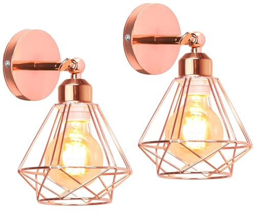 iDEGU 2 Pezzi Lampada da Parete Vintage 16CM Applique da Parete Design Gabbia Industriale E27 Illuminazione Interni Regolabile Lampada a Muro per Camera da Letto Soggiorno Cucina (Tipo-C Oro Rosa)