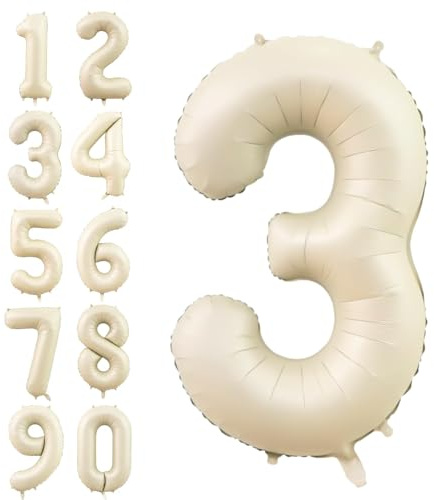 Number 3 Balloon Beige,40 Inch Large Cream Foil 3 Helium Balloons for Boys Girls Birthday Anniversary Decorations | Giant Number 3 Helium Balloons For Birthday Anniversary Party Decorations, Boys Girls