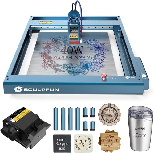 Sculpfun SF-A9 Lasergravur, 40W Laserschneidmaschine Arbeitsbereich 400 * 400 mm, mit automatischer Feueralarmfunktion, 36000mm/min, Lasergravurmaschine für Holz, Metall und Acryl