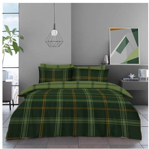 Lions 4 Piece Checked Bedding - Double Duvet Cover Set with 1x Fitted Sheet and Matching 2x Pillowcase, Soft Poly Cotton Check Green Bed Linen, Reversible Quilt Covers Sets
