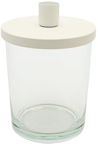 Dekohelden24 Stabkerzenhalter - Dekorationsglas - Glas mit Deckel aus Metall für 1 Stabkerze, weiß, Glas zum individuellen Dekorieren, Größe: H/Ø ca.14 x 10 cm