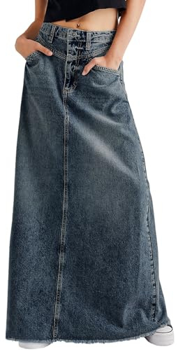 CHARTOU Women Vintage Denim Maxi Skirt Frayed Raw Hem High Waist A-Line Long Jean Skirt (X-Large, Blue)