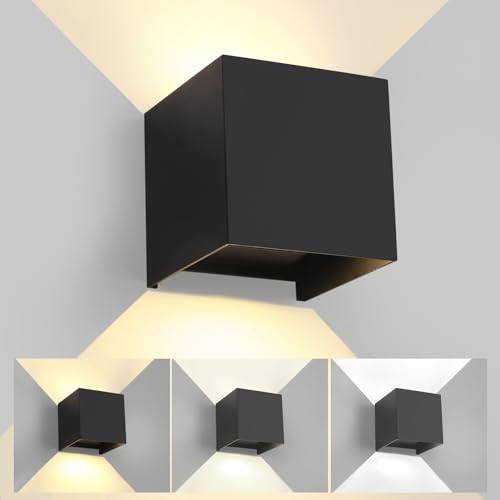 FUPE LED 15W Applique da Parete Interno/Esterno Regolabile 3 Colori 11CM Cubo IP65 Impermeabile Lampada da Esterno Parete Applique Esterni Muro Quadrata Angolo del Fascio Regolabile Moderne Nero