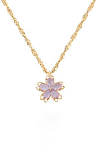 Collar con colgante de flor de cristal para mujeres y niñas, chapado en oro de 18 quilates, delicado, elegante, brillante, circonita cúbica, amatista rosa, piedra natal, hermoso colgante de flores de