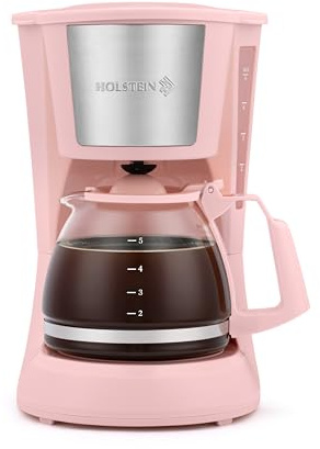Holstein Housewares 5 Cup Drip Coffee Maker – Compact and User-Friendly with Auto Pause & Serve, Reusable Filter, Measuring Spoon & Glass Carafe, Office & Dorm Use, Pink