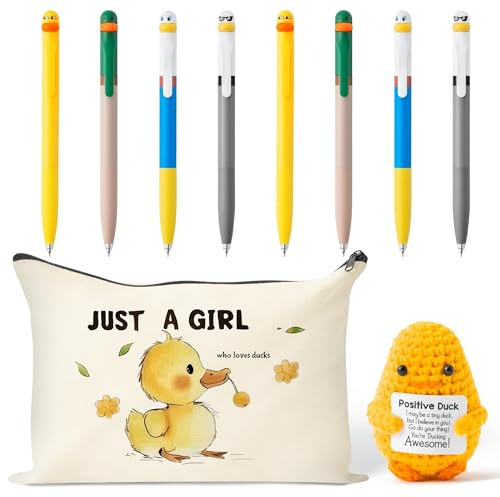 FZkuozougedd Ducks Gel Ink Pens - 10Pcs Happy Knitted Duck Stress Relief Stationery Little Yellow Duck Accessories Lovely Retractable Gel Pens Zipper Organizer Pen Pouch Kids Birthday Party Favor Gift