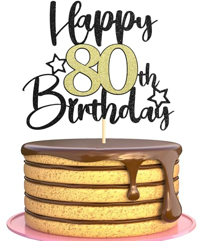 Sotpot 1 Pack 80th Birthday Cake Topper with Star Pattern Black Gold Glitter Cake Pick Cake Decoration for 80th Milestone Birthday Theme Party Supplies
