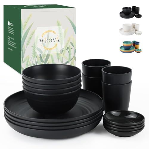 Wrova Reusable Plastic Dinner Set 16 PCS Unbreakable Plates and Bowls Set | 10 Inch Deep Plates, 26 oz Bowls, 2 oz Dip Bowls, 12 oz Cups - Microwave and Dishwasher Safe Camping Dinner Set for 4 - Black