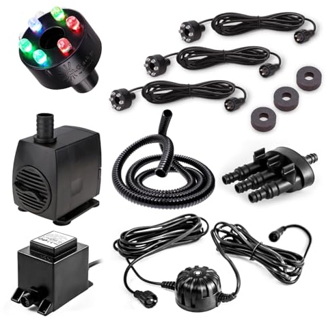 CLGarden Springbrunnenpumpe SP3-SL Set mit 3 RGB multicolor LED-Ringen und automatischer Lichtsteuerung, leise Tauchpumpe 1300l/h für Gartenbrunnen, Quellsteine, Zierbrunnen