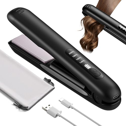 2 in 1 Cordless Hair Straighteners and Curler, 5000mAh Travel Wireless Portable USB Rechargeable Straightener, Mini Flat Iron Curling Wand with 4 Temperature for Women