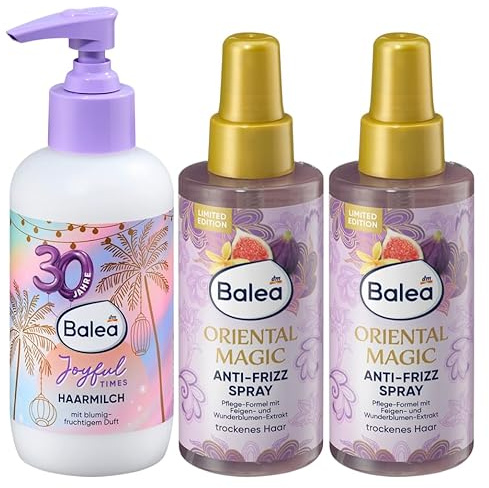 Balea 3er-Set-Haarpflege: Haarmilch Joyful Times blumig-fruchtig, spendet Feuchtigkeit, verleiht Geschmeidigkeit & Glanz, 200 ml + Anti-Frizz-Spray Oriental Magic intensive Pflege, 2 x 150 ml (500 ml)
