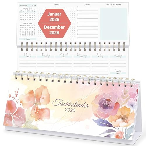 KONVINIT Calendrier de bureau 2026 avec support - Calendrier hebdomadaire 2026 - 1 semaine sur 2 pages - Calendrier de bureau avec notes, tâches à faire et objectif hebdomadaire - Format 2026 : 29,7 x